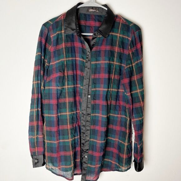 J. McLaughlin Tops - J. McLaughlin Leal Plaid Blouse Green Red Medium Tuxedo Collar Button 203